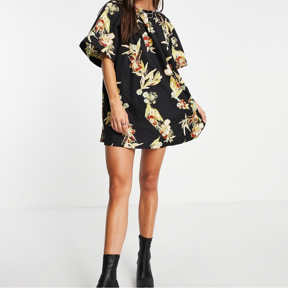 Free People Jodie Print Tunic Mini Dress Oversize Cotton Black Floral Size M